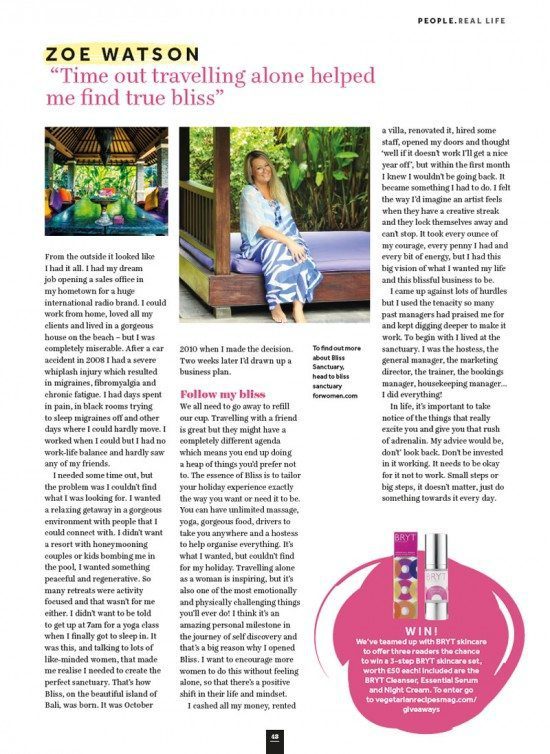 Veggie Magazine: Zoë Watson "Time out travelling alone helped me find true bliss"