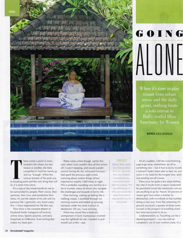 The Adelaide Magazine: Going Alone – When it's time to play truant from urban stress and the daily grind, nothing beats a solo retreat – Bali's restful Bliss Sanctuary For Women