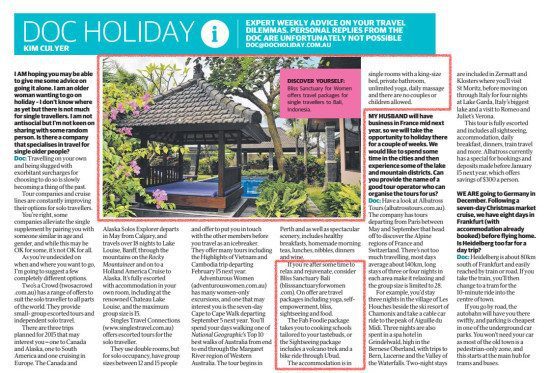 Herald Sun – Escape: Doc Holiday – Travelling Alone