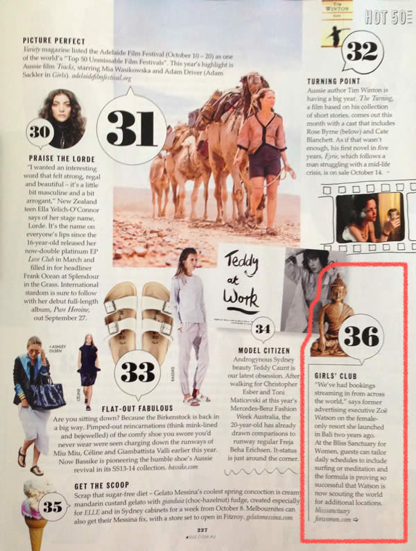 Elle Magazine: Hot 50 – A cultural wrap of everything you need to know to see out 2013 with cred – Girls' Club – Bliss Sanctuary For Women