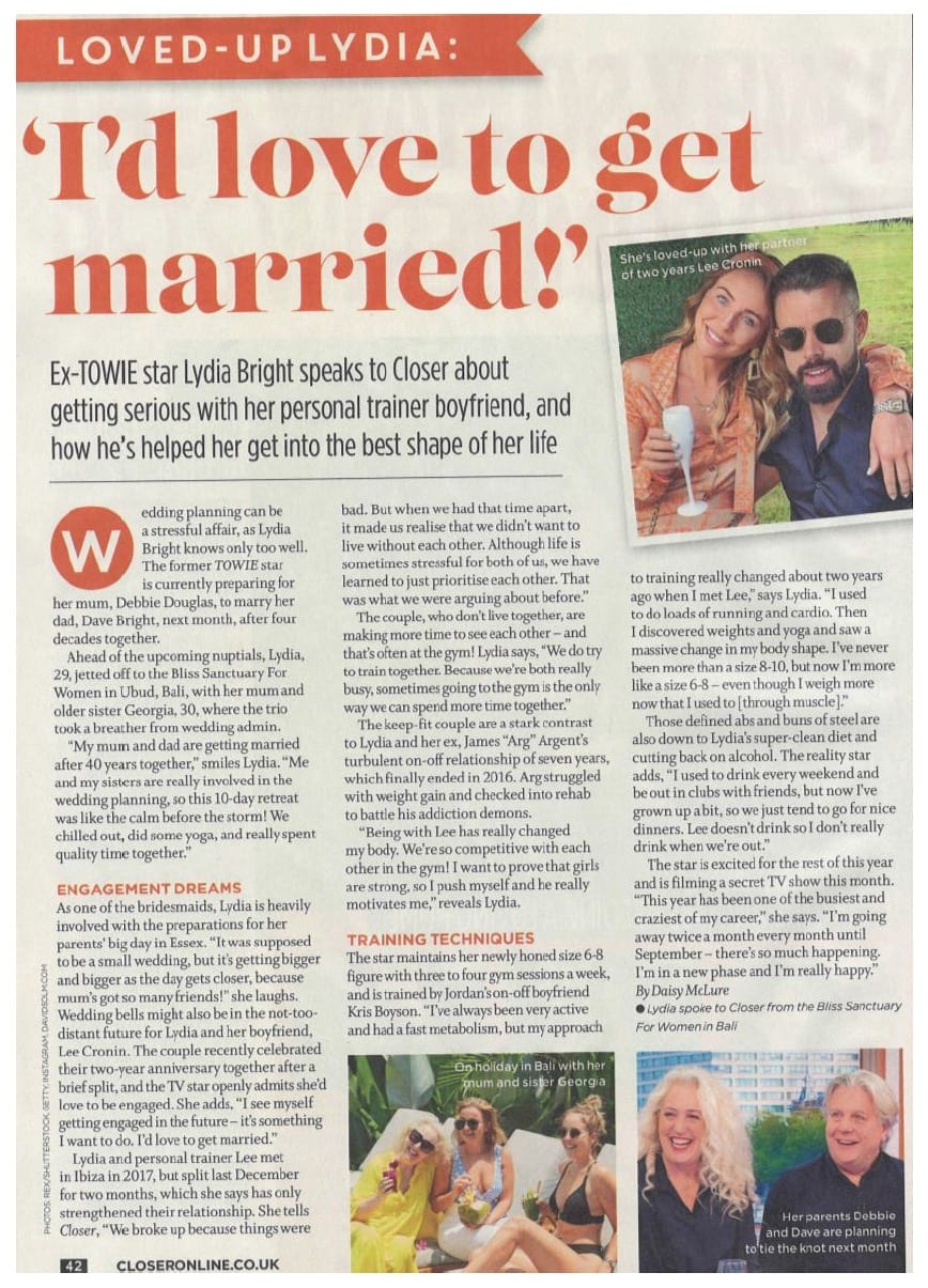 Lydia Bright spoke to Closer Magazine from her girls' trip to Bliss Bali retreat, July 2019