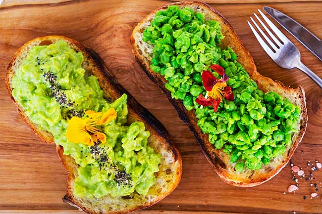 Bliss Breakfast Menu, Smashed Goodness, avocado and peas