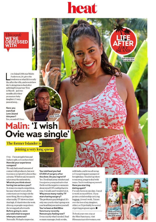 Malin Andersson visits Bliss Bali retreat in Heat Magazine August 2019