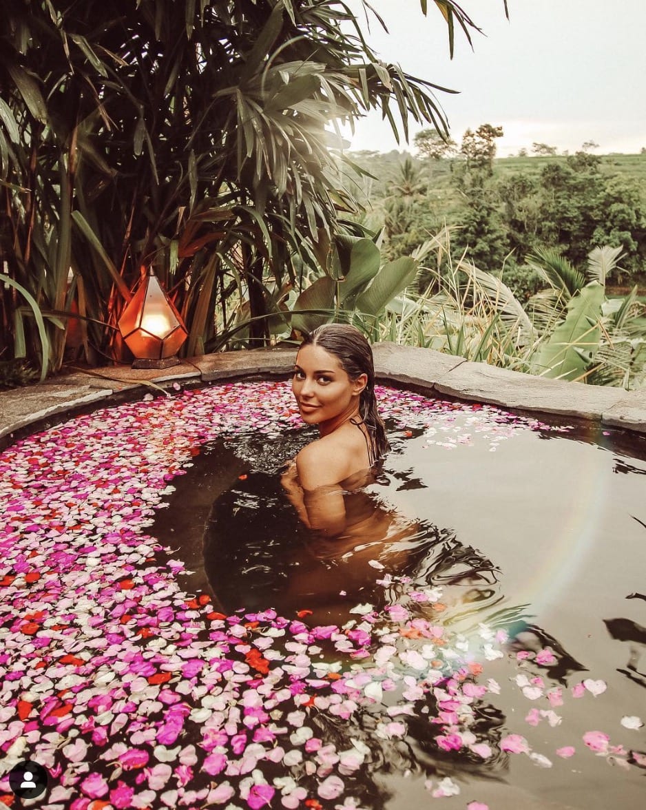 Louise Thompson took a dip in a rose petal bath that is said to have healing properties. Credit: Instagram