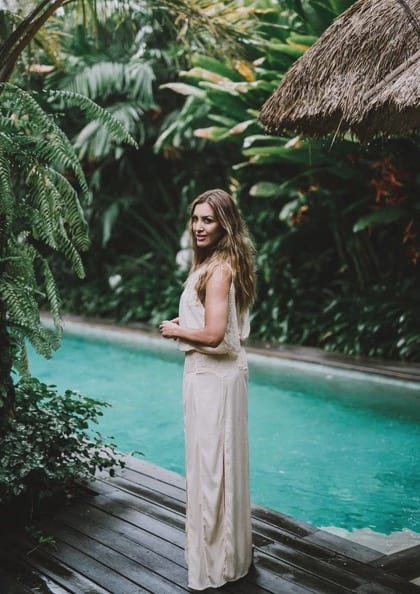 Nadia Stamp by the pool at Bliss Bali retreat