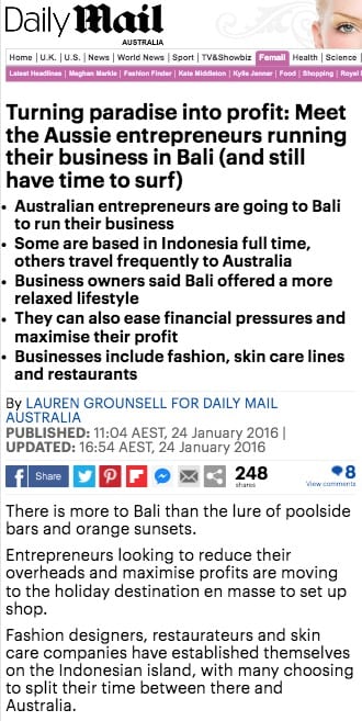 Aussie entrepreneurs, Zoe Watson, Bliss Bali retreat, Daily Mail online
