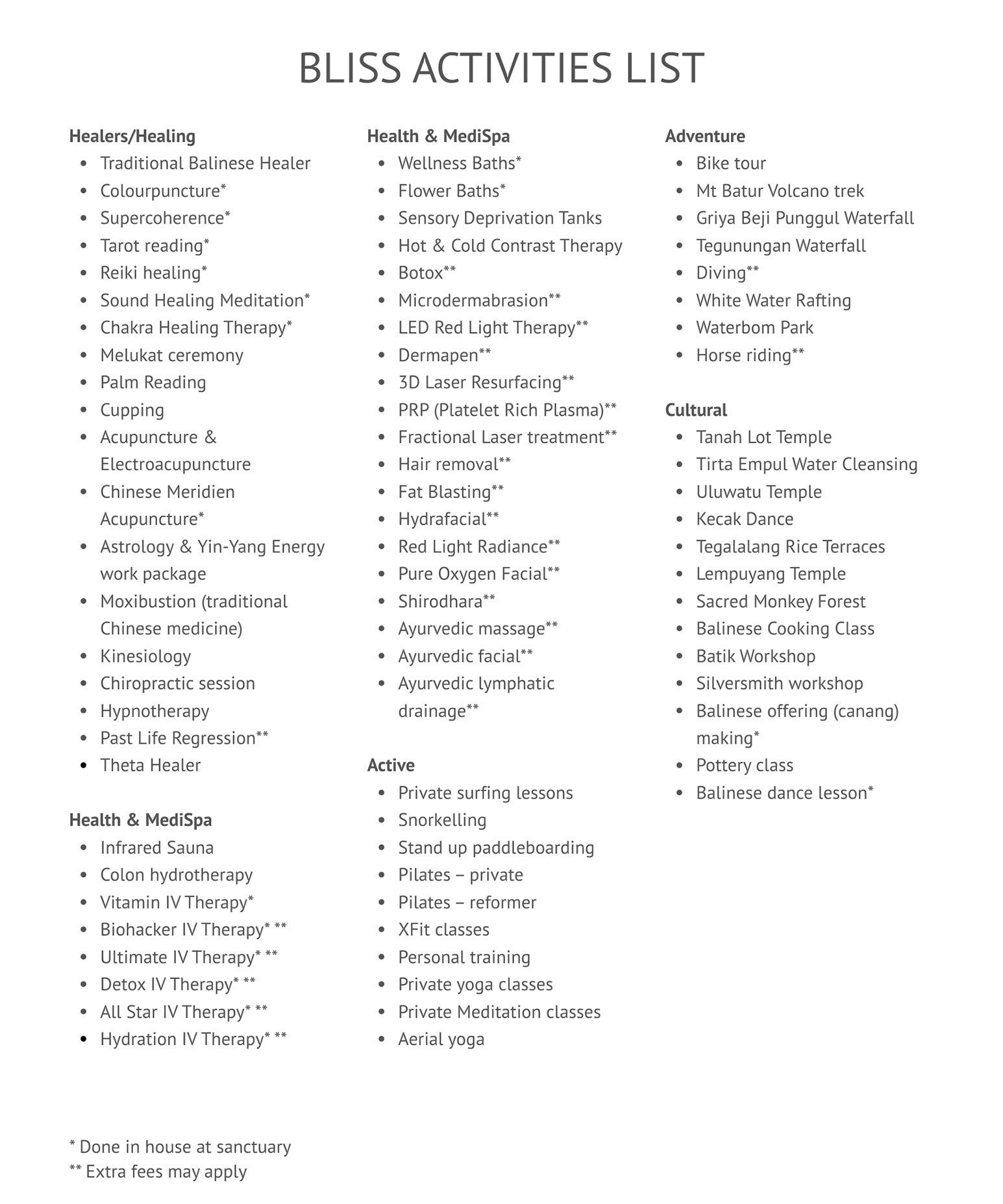 Bliss Retreat Activities List